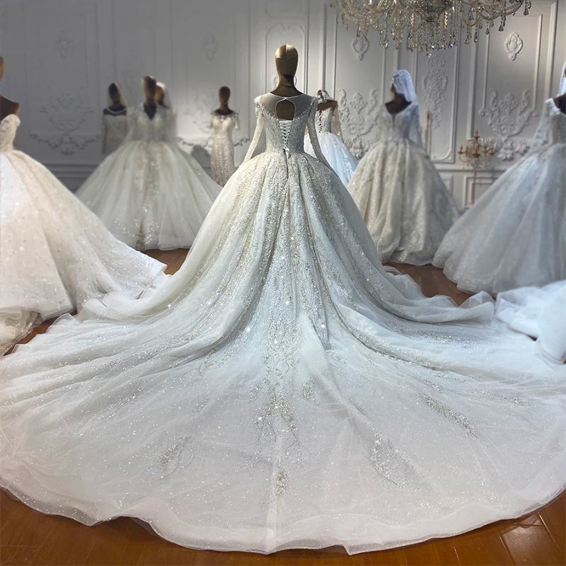 Jancember NS4206 Heavy Beaded Long Sleeve Luxury  Ball Gown Bridall Wedding Dress for Women