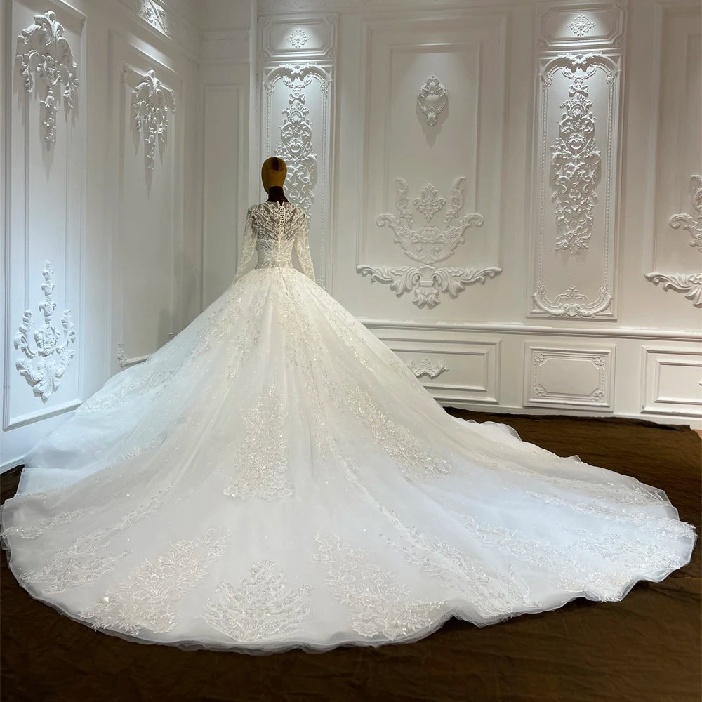 Luxury Beading With Floral Applique Puffy Long Sleeve Princess Ball Gown Vintage Wedding Dress With Cathedral Train LSCJ30