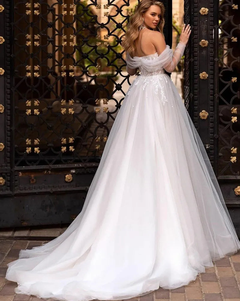 13073#Classic Elegant Off-Shoulder Long Sleeves Backless Bohemian Tulle Lace Split Wedding Dress Satin Sweep Train Bridal Gown