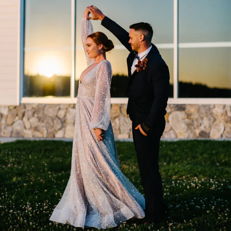 15290# Exquisite Puffy Sleeves Backless V-neck Pearls Wedding Clothes Bridal Gown for Plus Size Women Prom Party Evening Dresses