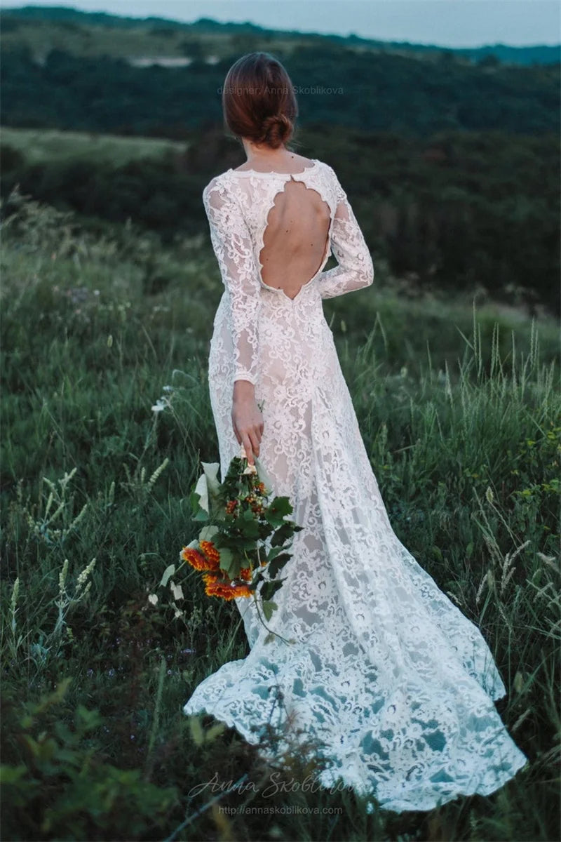 11187#Deep V-Neck Sexy Long Sleeve Bridal Dress Sweep Train Lace Bohemian Boho Beach Wedding Dress Wedding Gown Bridal Gown