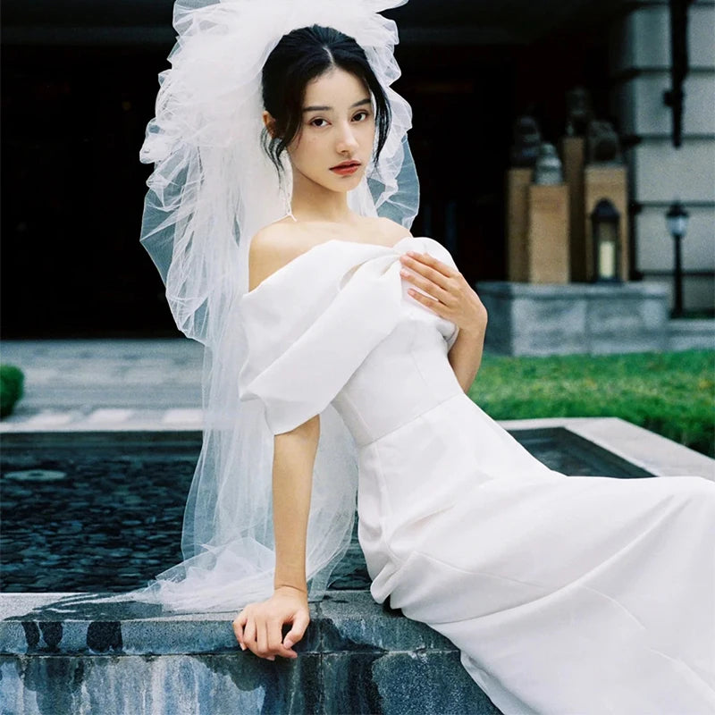 2238# Real Photos Off Shoulder Detachable Big Bow Sheath Wedding Dress for Party Low Back Soft Satin Bridal Gown Custom Made