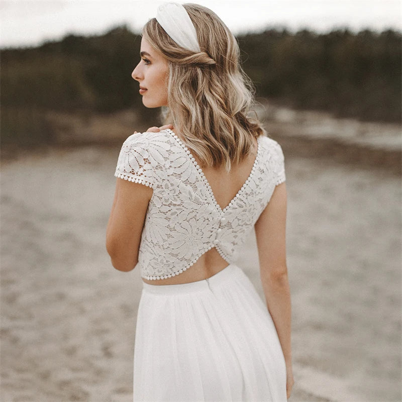 12178# Real Photos Two Piece Appliques Lace Soft Chiffon Wedding Dress for Engagement Backless Sweep Train Bridal Gown