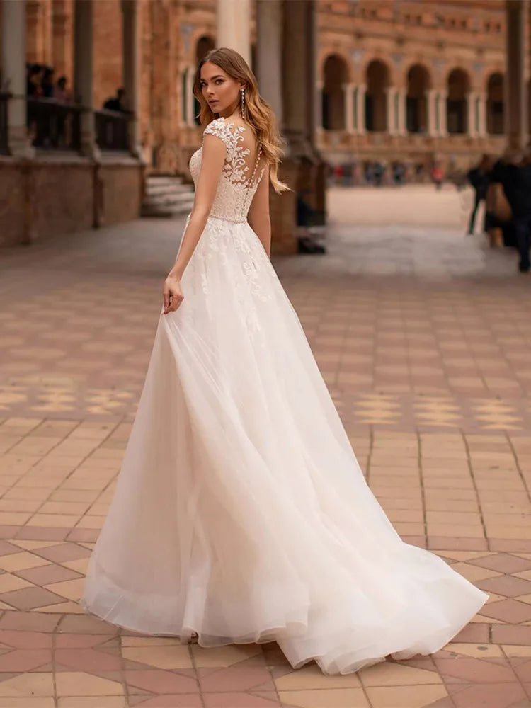 13145#Elegant Simple Wedding Dresses A-Line Boat Neck Cap Sleeves Illusion Back Sweep Train Lace Applique Wedding Bridal Gown