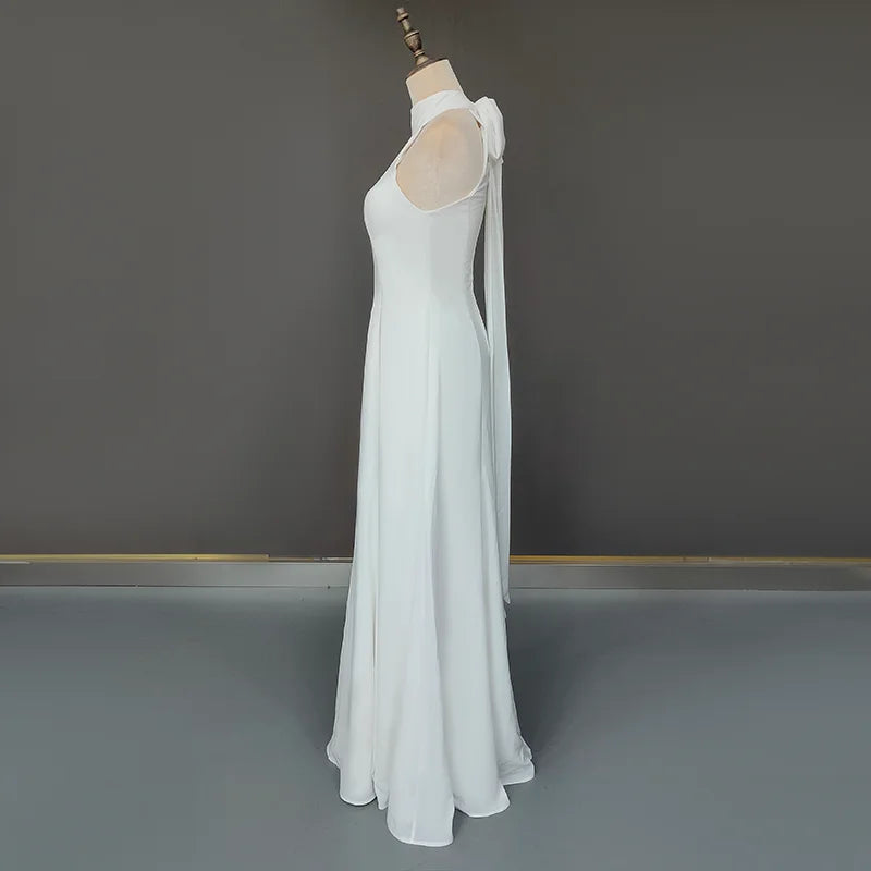 11693#Real Photos Sleeveless High Neck Chiffon Beach Beading Floor Length Simple Elegant Wedding Dress Wedding Bridal Gown