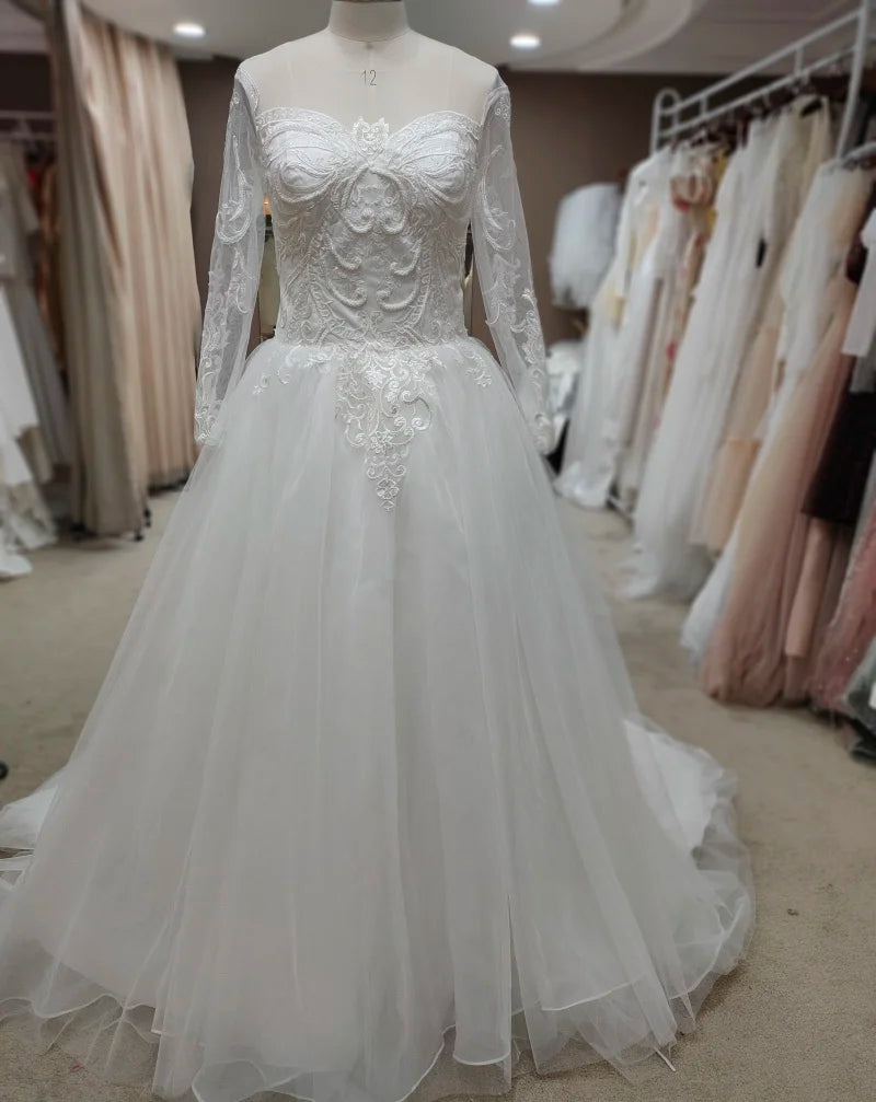 9140#Long Tail Luxury Puffy O-Neck Illusion Lace Long Sleeve Applique Sequined Princess Ball Gown Wedding  Dresses Bridal Gown