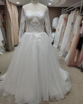 9140#Long Tail Luxury Puffy O-Neck Illusion Lace Long Sleeve Applique Sequined Princess Ball Gown Wedding  Dresses Bridal Gown