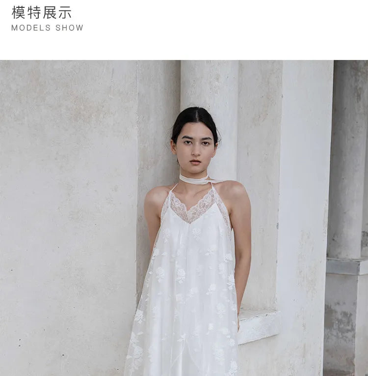 White Lace Halter Lace-Up Spaghetti Strap Floor-Length Bridal Robe Dress  Illusion Beach Vacation Banquet Gown