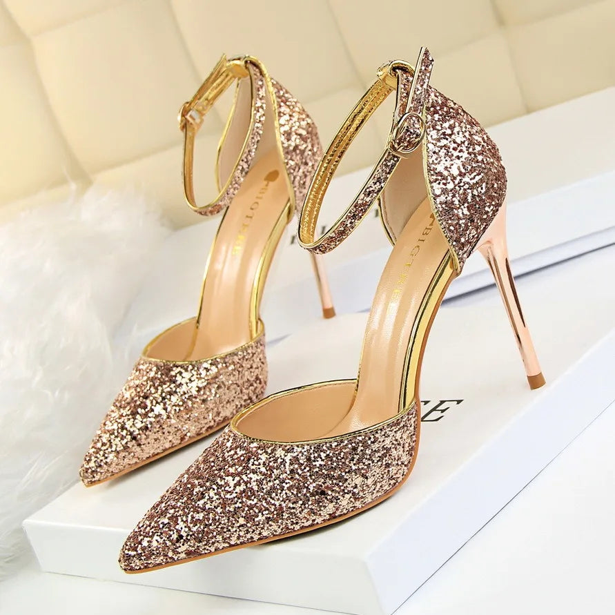 Wholesale Luxury Ladies' Summer Stilettos High Quality Bling Sandals Anti-Slippery Thin Heels with Ankle Buckle Bridal Shoes