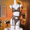 Three-Piece Boned Lace Bra and Garter Set