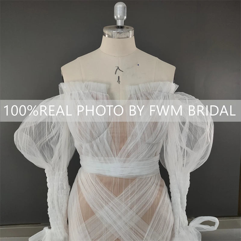8692# Real Photos Exquisite Lace Mermaid Wedding Dress Bridal Gown for Women Puffy Sleeves Tulle Sweep Train Even Dresses