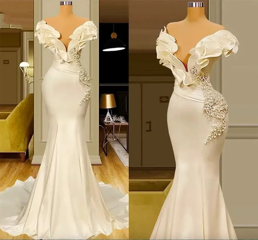 Dubai Saudi Arabia Pearls Mermaid Wedding Dresses Off the Shoulder Ivory Satin Ruffles Bridal Gowns Boho Bride Reception MW652