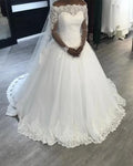 FA149 Lace Ball Gowns Long Sleeves Wedding Dresses Tiered Skirts Bateau Mopping Long Section Wedding Gown