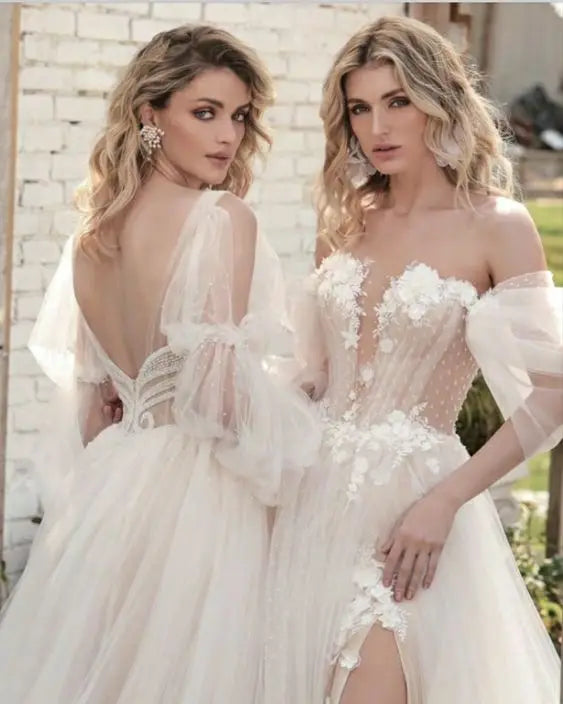 4562# Real Photos 3D Flowers Off Shoulder V-neck A-line Wedding Dress Sweep Train Bridal Gown High Slit Low Back Polka Dots Lace
