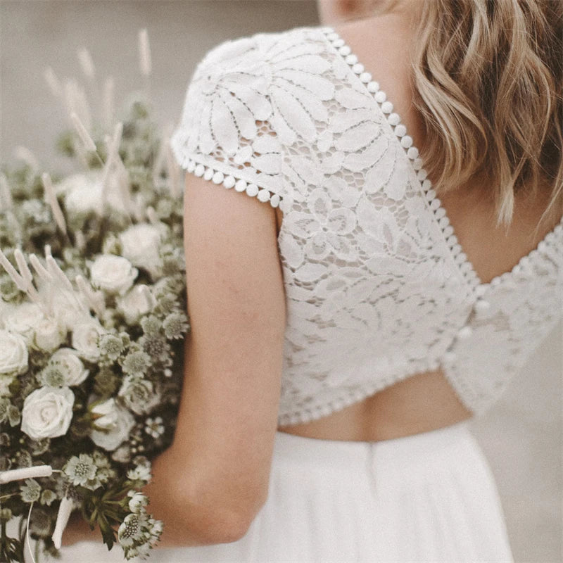 12178# Real Photos Two Piece Appliques Lace Soft Chiffon Wedding Dress for Engagement Backless Sweep Train Bridal Gown