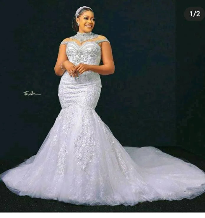 S1933F    2025 New Bride High Quality Pearl Crew Neck Deep Trailing Thin Women Wedding Dress Bridal Gown