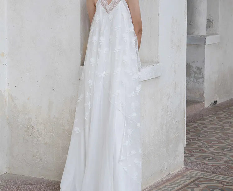White Lace Halter Lace-Up Spaghetti Strap Floor-Length Bridal Robe Dress  Illusion Beach Vacation Banquet Gown