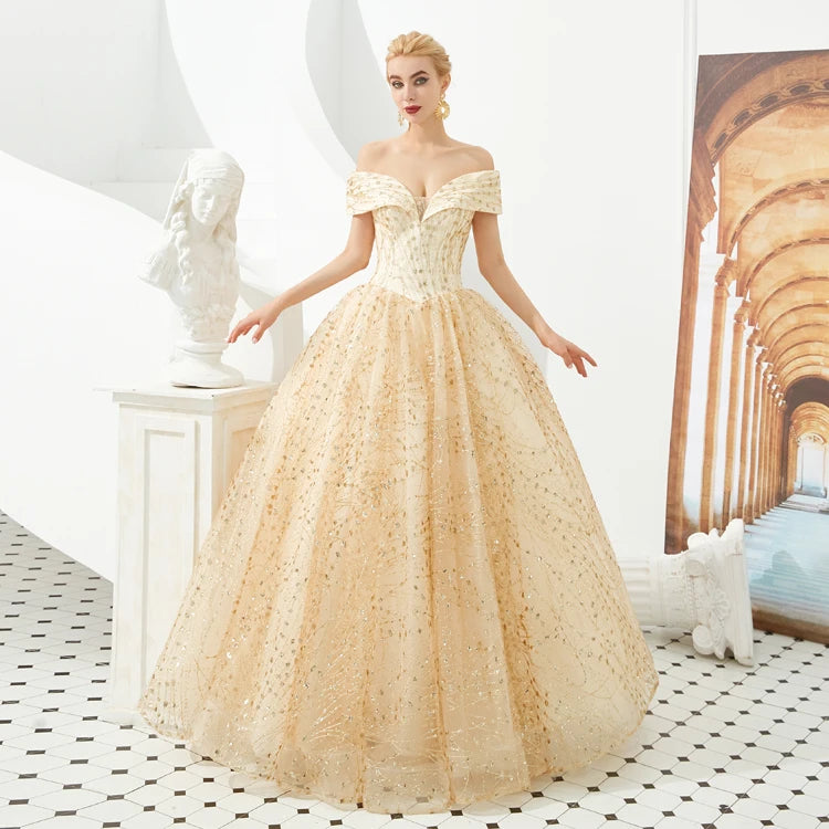 New Fashion Off the Shoulder Gold Sequin Bridal Gown Custom Made Ball Gown Evening Dresses Long