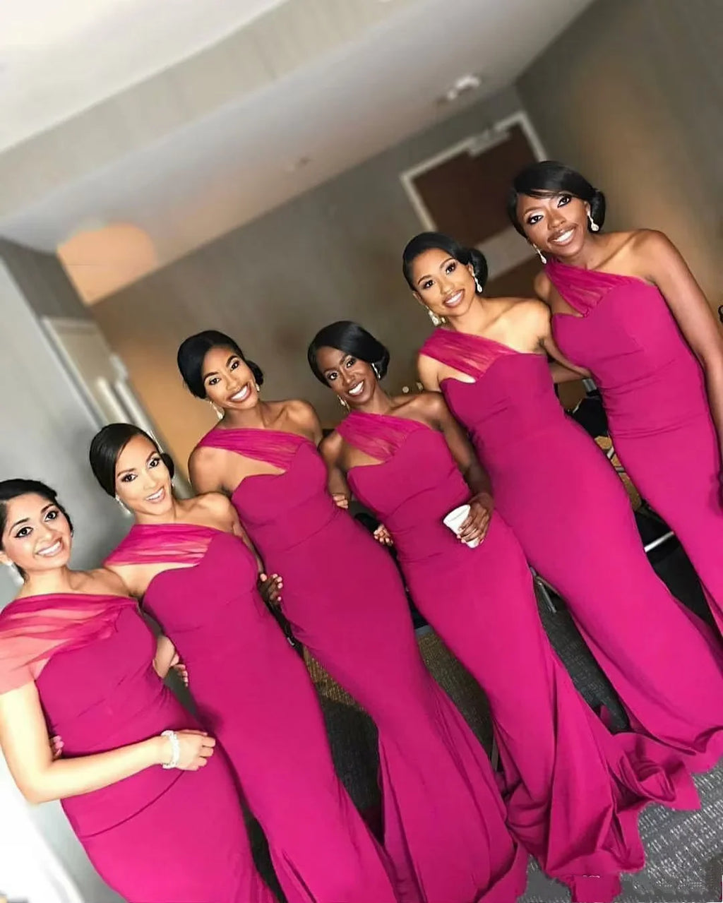 Black Appliques African Maid of Honor Dress Wine Red Formal Gowns One Shoulder Mermaid Long Bridesmaid Dresses MB513