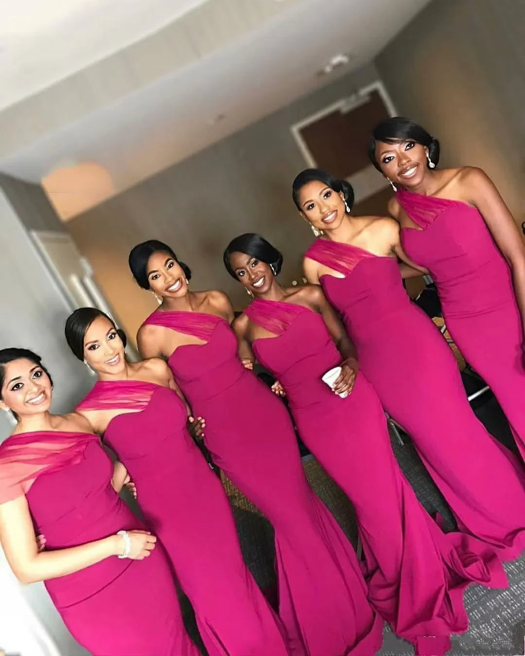 Black Appliques African Maid of Honor Dress Wine Red Formal Gowns One Shoulder Mermaid Long Bridesmaid Dresses MB513