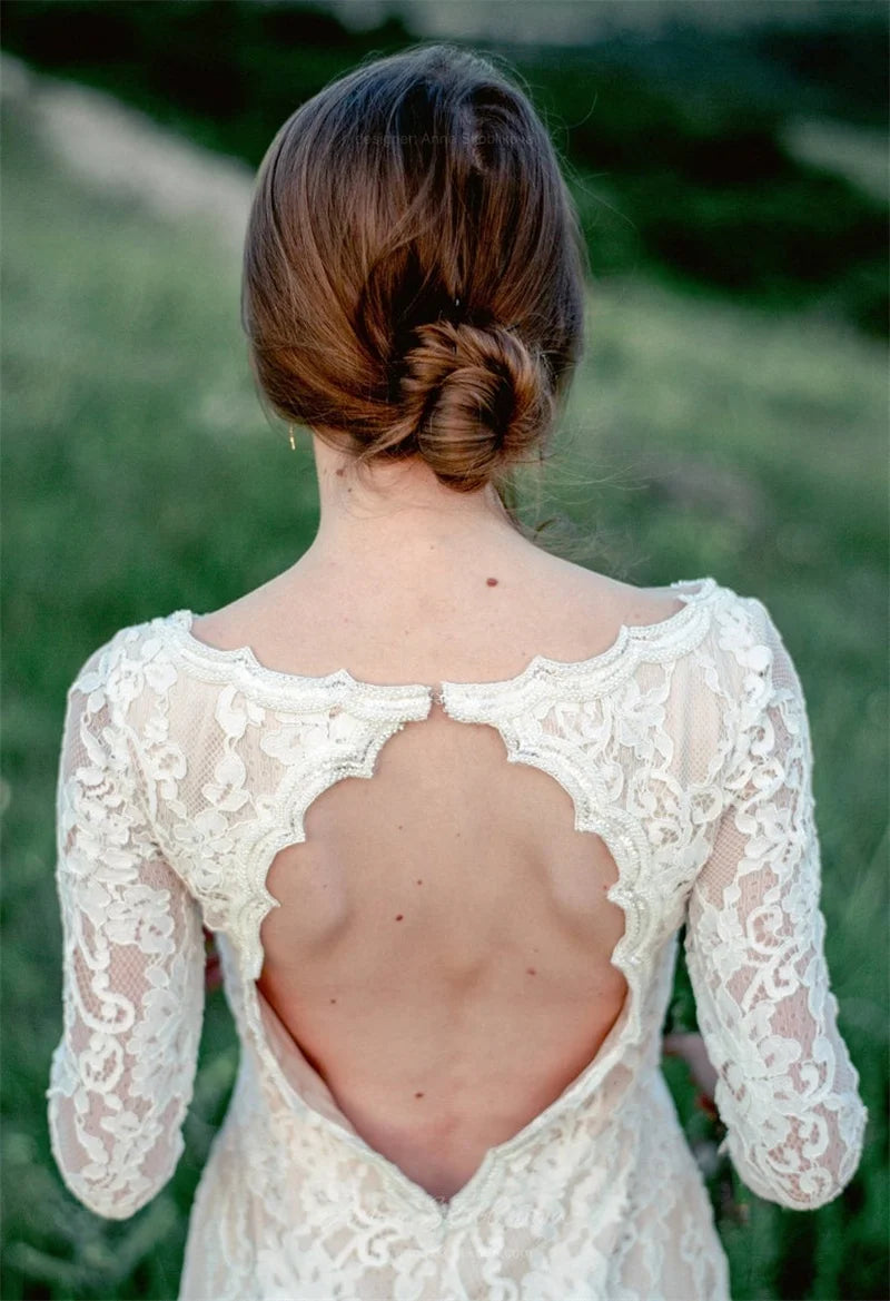 11187#Deep V-Neck Sexy Long Sleeve Bridal Dress Sweep Train Lace Bohemian Boho Beach Wedding Dress Wedding Gown Bridal Gown