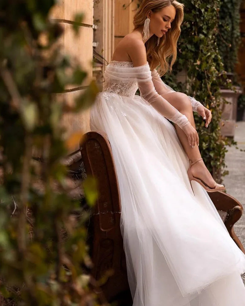 13073#Classic Elegant Off-Shoulder Long Sleeves Backless Bohemian Tulle Lace Split Wedding Dress Satin Sweep Train Bridal Gown