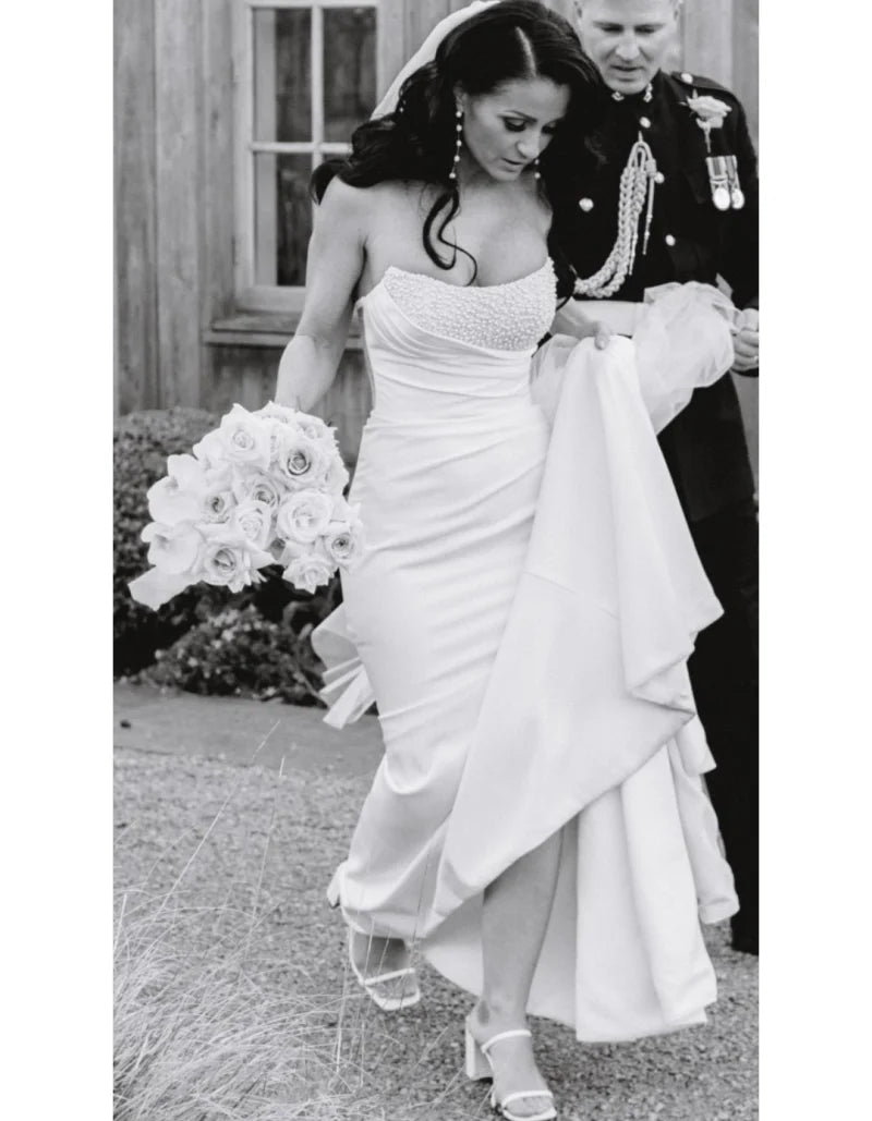 15291# Simple Sweep Train Strapless Pearls Satin Mermaid Wedding Dresses for Plus Size Women Bridal Gown Evening Clothing