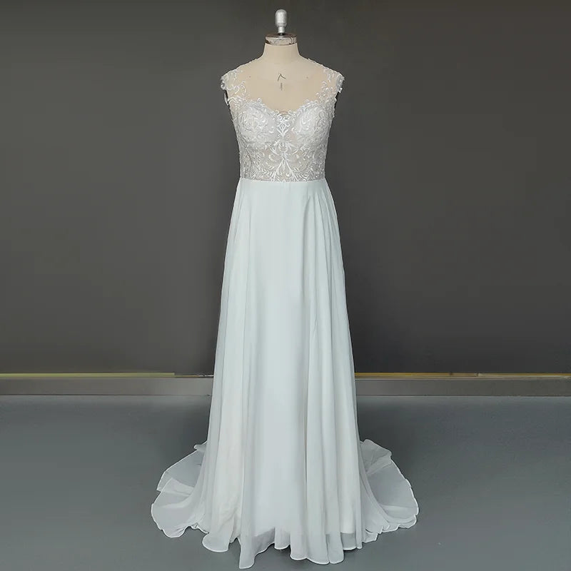 11094#Sheer Back Sweetheart Short Sleeve Lace Applique a Line Sweep Train Bohemian Chiffon Bridal Gowns Ladies Wedding Dress