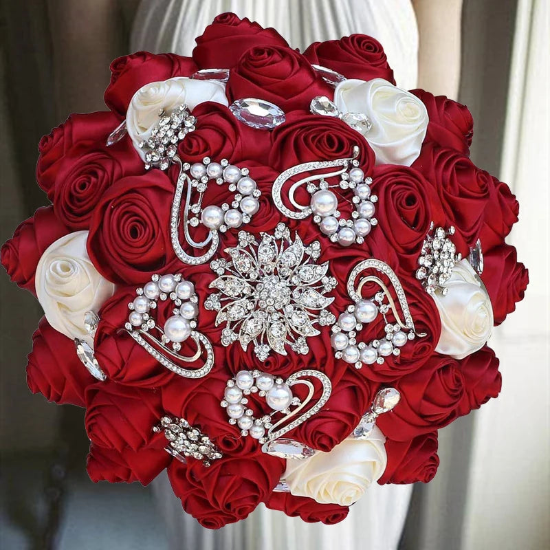 1pc/lot  Red Wedding Bouquet Gold Diamond Silver Diamond Pearl Decoration Bridal Wedding Bouquet Artificial Ribbon Rose Weddin