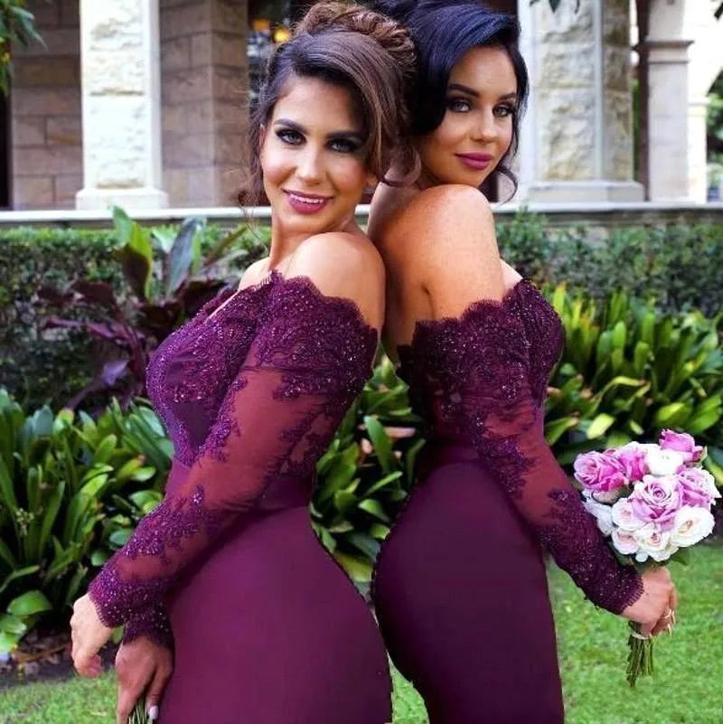 2024  Mermaid Bridesmaid Gown With Scoop Neck Lace Applique Long Sleeve Bridesmaid Dresses for Wedding Party Dress