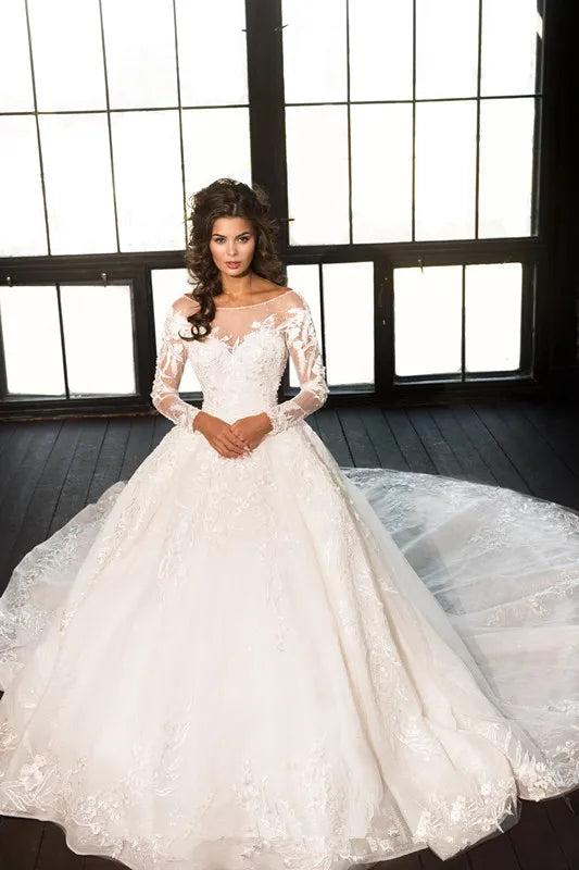 Brand   Gorgeous Lace Ball Gown Wedding Dress Long Sleeve High Neck Luxurious Arabic Bridal Gowns With Backless Wedding Gown
