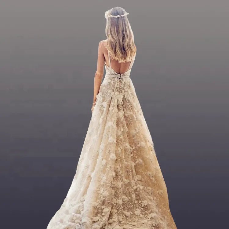 Vintage Beaded Lace Ball Gown with Handmade Flowers