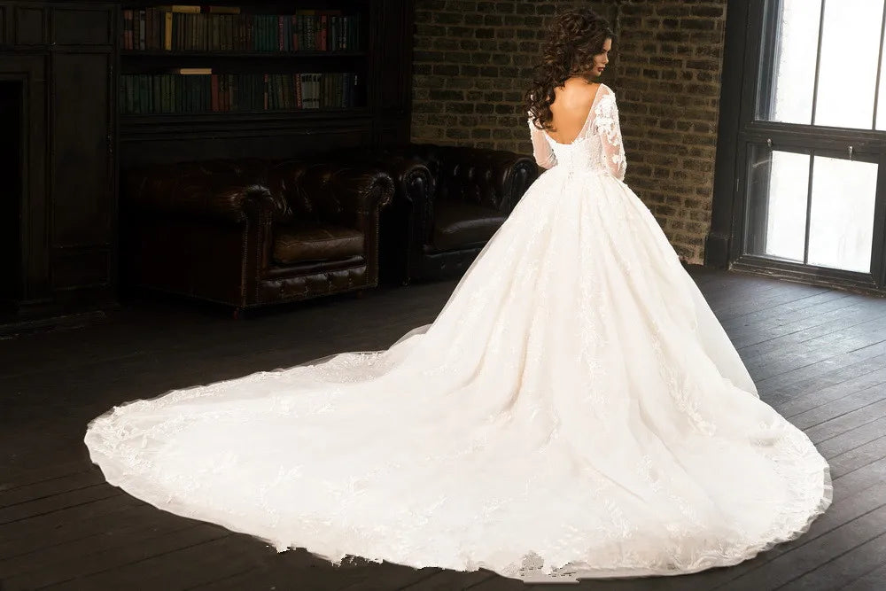 Brand   Gorgeous Lace Ball Gown Wedding Dress Long Sleeve High Neck Luxurious Arabic Bridal Gowns With Backless Wedding Gown