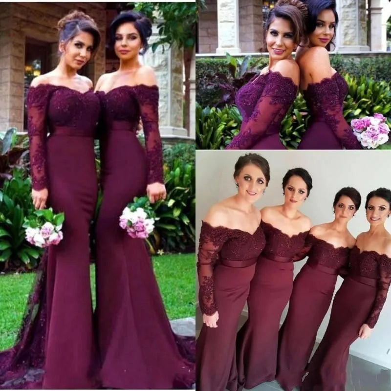 2024  Mermaid Bridesmaid Gown With Scoop Neck Lace Applique Long Sleeve Bridesmaid Dresses for Wedding Party Dress