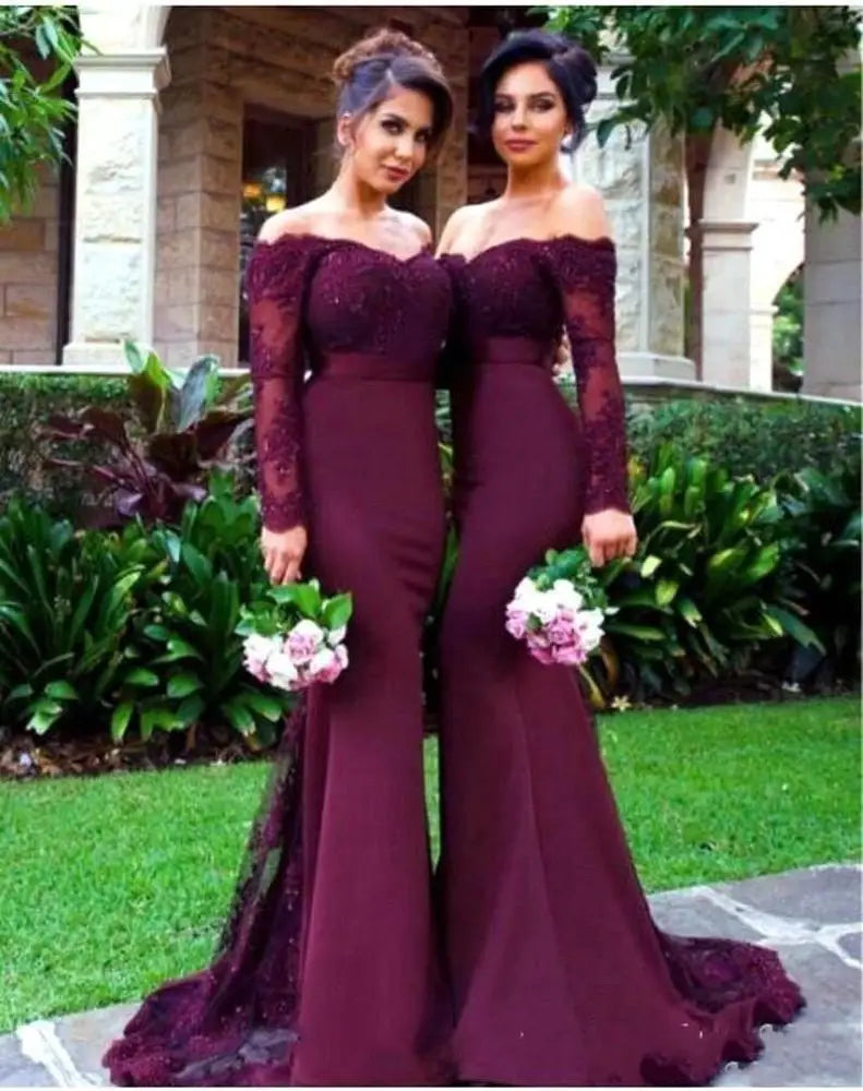 2024  Mermaid Bridesmaid Gown With Scoop Neck Lace Applique Long Sleeve Bridesmaid Dresses for Wedding Party Dress