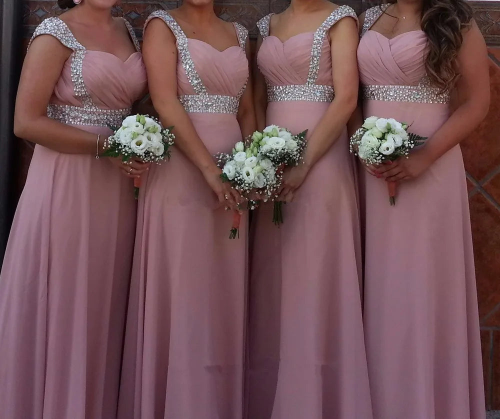 Beaded Spaghetti Straps Long Bridesmaid Dresses Pink Maid of Honor Dresses Custom Size Bridesmaid Dress Gowns