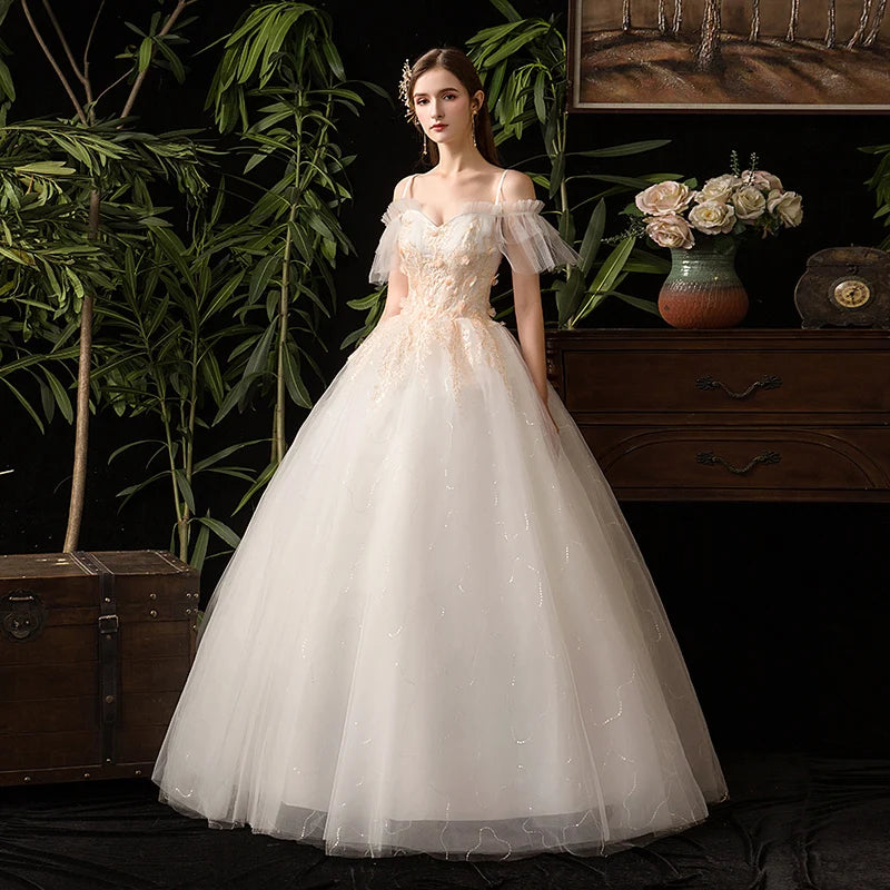 2019Romantic Floor-Length Lace Flower Spaghetti Strap Beach Wedding Dresses Plus Size in Stock Wedding Gown