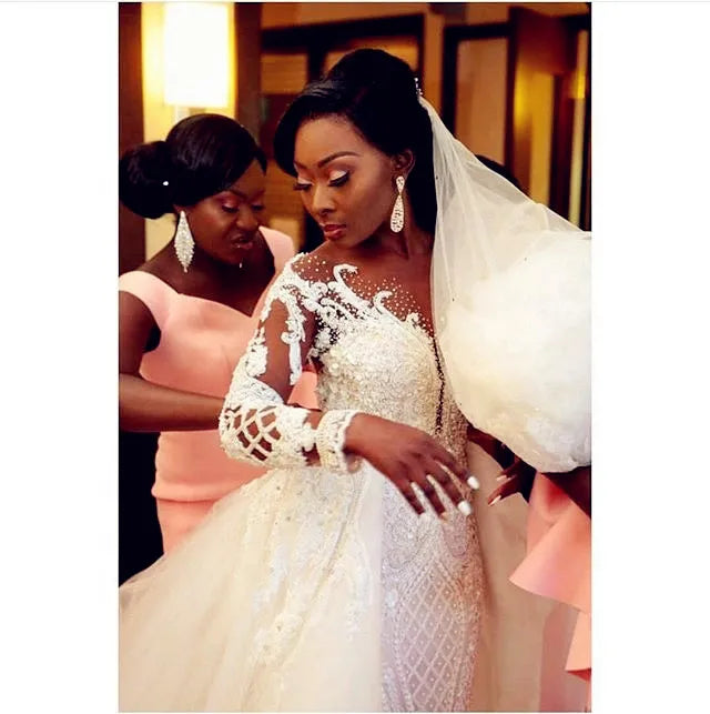 Lady Long Sleeve Wedding Dress O Neck Heavy Beading Lace Bridal Dress Mermaid Bridal Gown with Overskirt New  Afraic Middle East