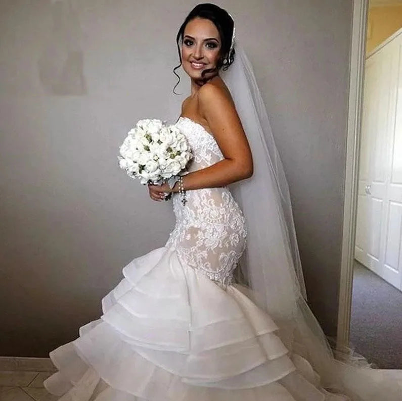 Brand  Vestido  Noiva Ruffle Buttons Fish Style Strapless Lace Wedding Dress Mermaid Wedding Gown Middle East Afraic Bridal Gown