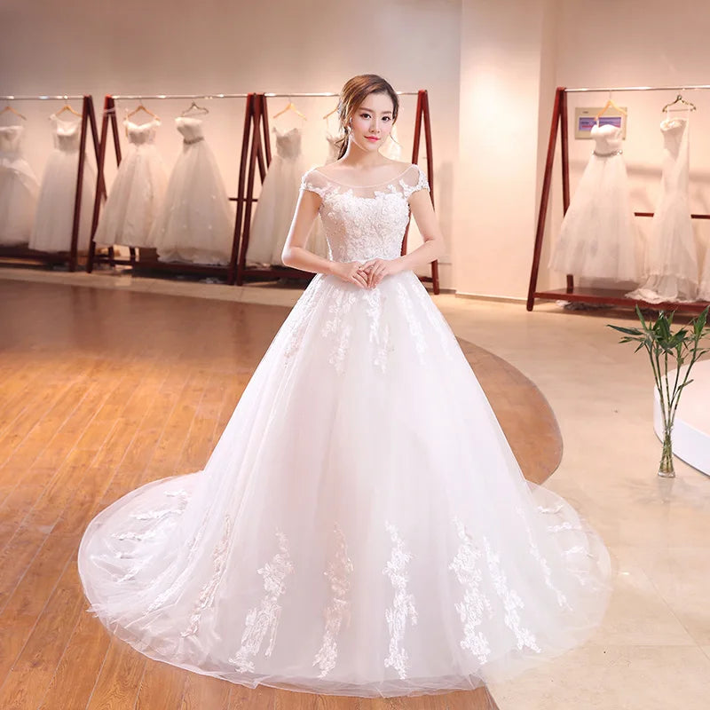 Latest Pearl Flower Lace White Bridal Wedding Dress Long Train Bridal Wedding Gowns