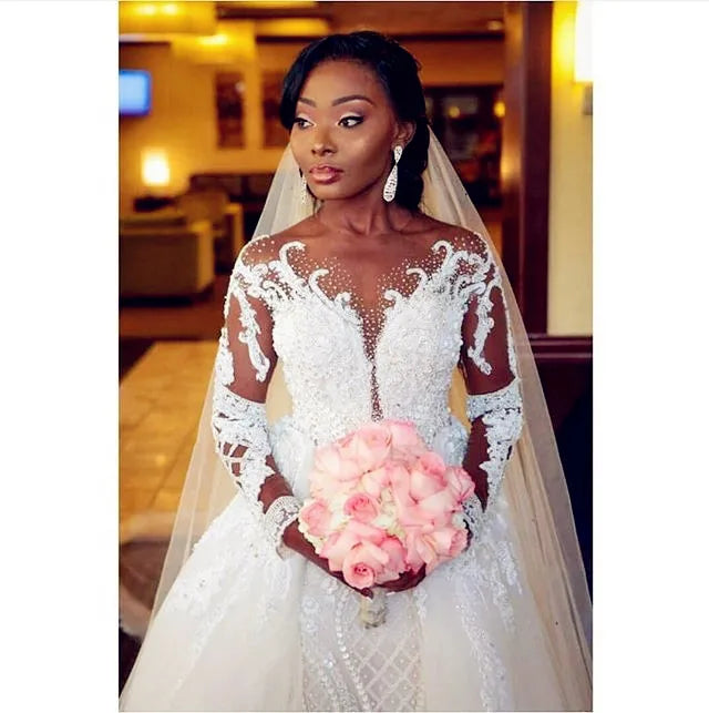 Lady Long Sleeve Wedding Dress O Neck Heavy Beading Lace Bridal Dress Mermaid Bridal Gown with Overskirt New  Afraic Middle East