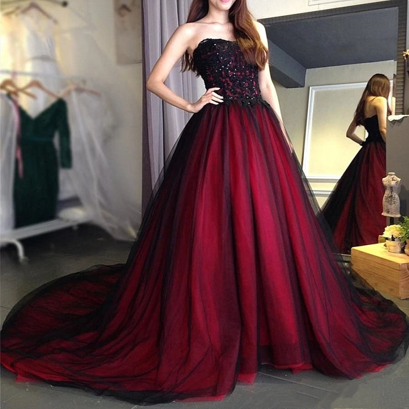 Thinyfull Sexy Gothic Wedding Dress Black and Red Sweetheart Beading Lace Up Long Black Bridal Gowns Wedding Gown Customized