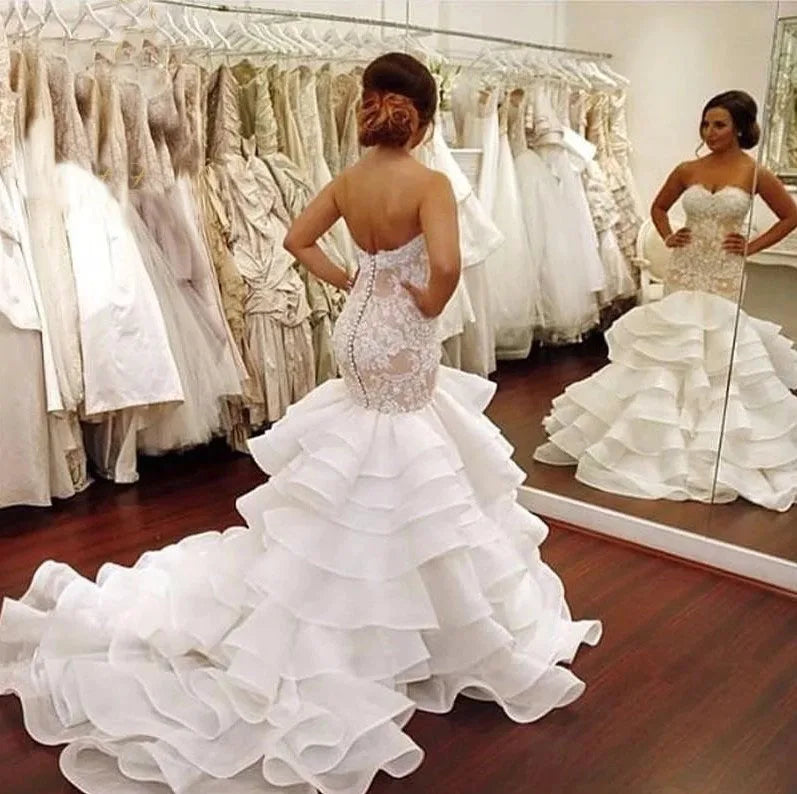 Brand  Vestido  Noiva Ruffle Buttons Fish Style Strapless Lace Wedding Dress Mermaid Wedding Gown Middle East Afraic Bridal Gown