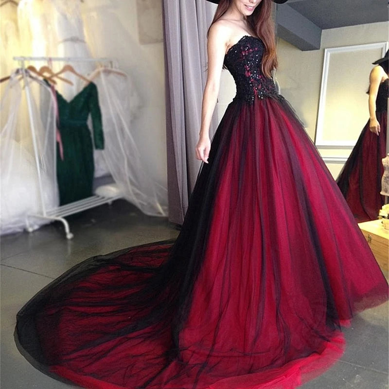 Thinyfull Sexy Gothic Wedding Dress Black and Red Sweetheart Beading Lace Up Long Black Bridal Gowns Wedding Gown Customized