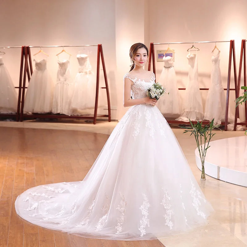 Latest Pearl Flower Lace White Bridal Wedding Dress Long Train Bridal Wedding Gowns
