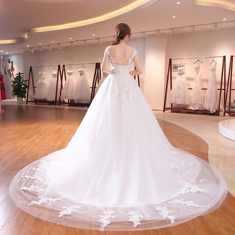 Latest Pearl Flower Lace White Bridal Wedding Dress Long Train Bridal Wedding Gowns