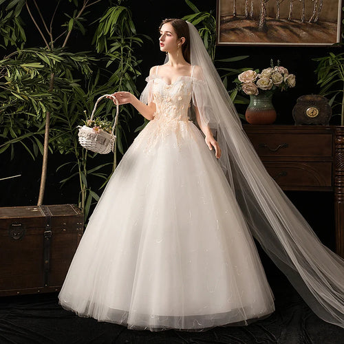 Champagne Lace Flower Spaghetti-Strap Beach Ball Gown