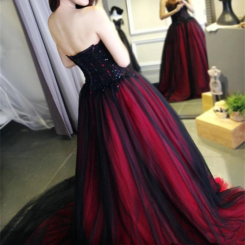 Thinyfull Sexy Gothic Wedding Dress Black and Red Sweetheart Beading Lace Up Long Black Bridal Gowns Wedding Gown Customized