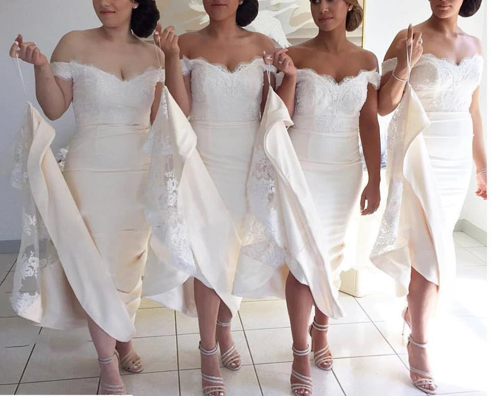 Hot Sale Plus Size Maid of Honor Off Shoulder V-neckline Cocktail Party  Lace Mermaid Bridesmaid Dresses MBA350