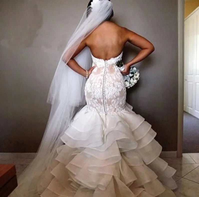 Brand  Vestido  Noiva Ruffle Buttons Fish Style Strapless Lace Wedding Dress Mermaid Wedding Gown Middle East Afraic Bridal Gown